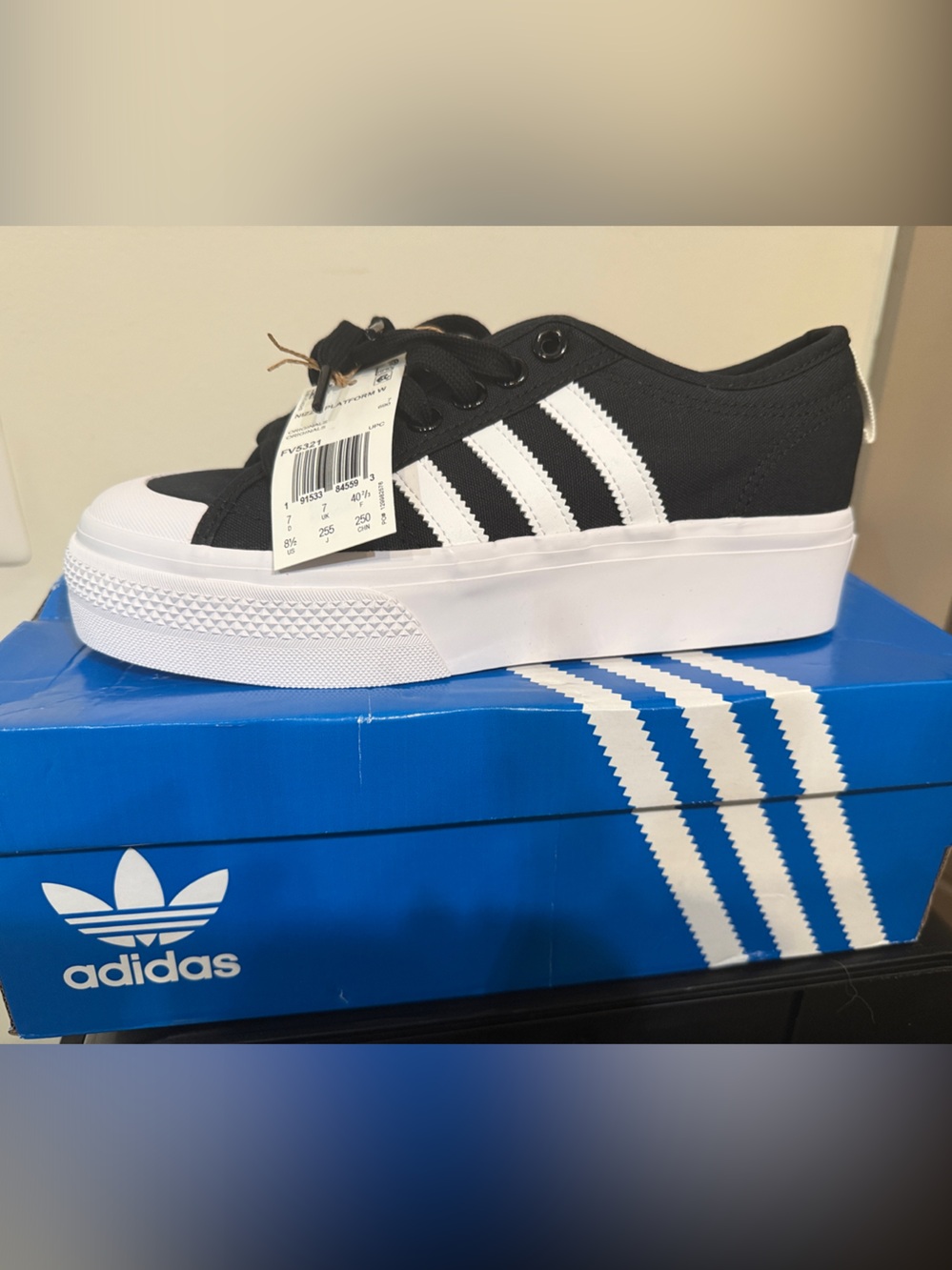 Adidas Nizza Black & White Three-Stripe Canvas Platform Sneaker